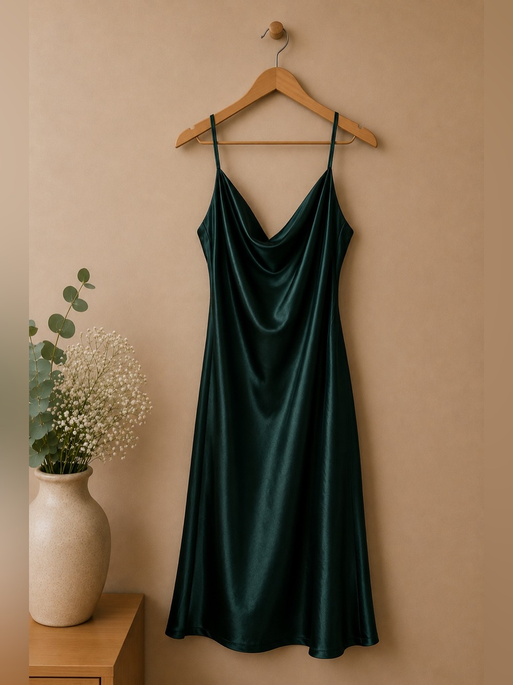 Emerald Green Satin Slip Dress XL Cowl Neck Minimalist Y2K Midi Night Out